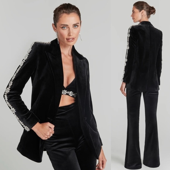 Nadine Merabi- Davina Black Blazer Satin Velvet Embellished Size 6 Evening - Picture 1 of 16